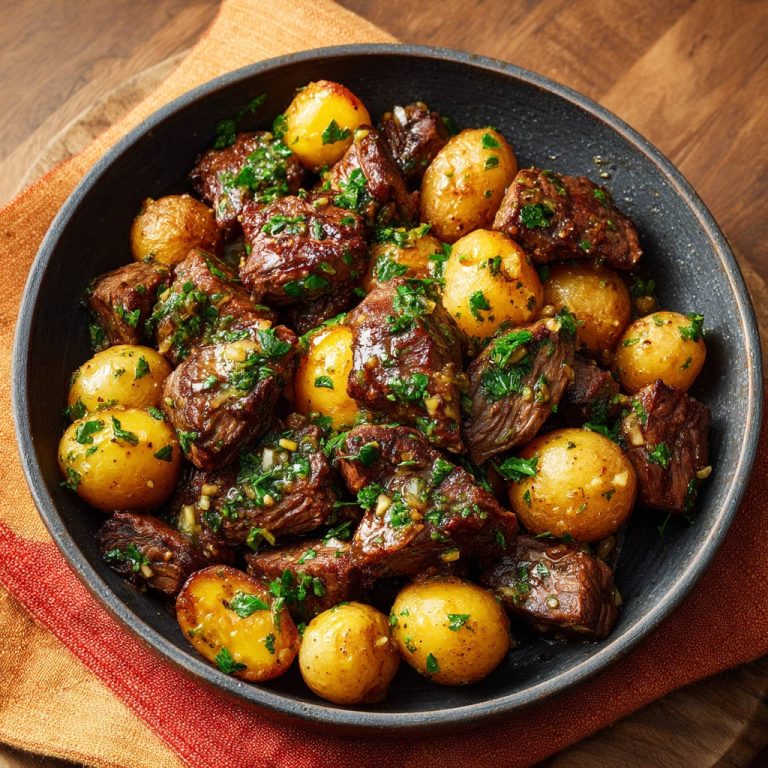 Gebratene Rinderwürfel mit Kartoffeln und Kräutern als Nahaufnahme in einer Schüssel serviert.