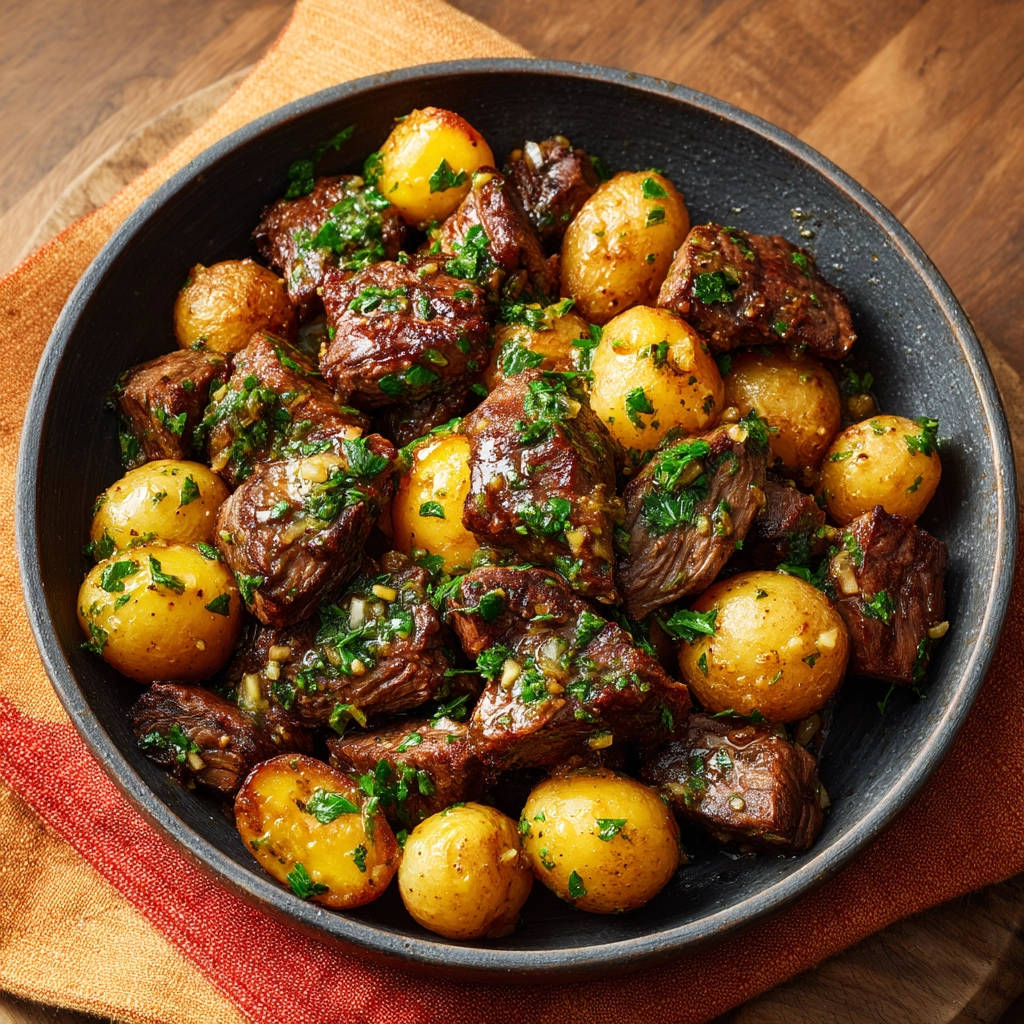 Gebratene Rinderwürfel mit Kartoffeln und Kräutern als Nahaufnahme in einer Schüssel serviert.
