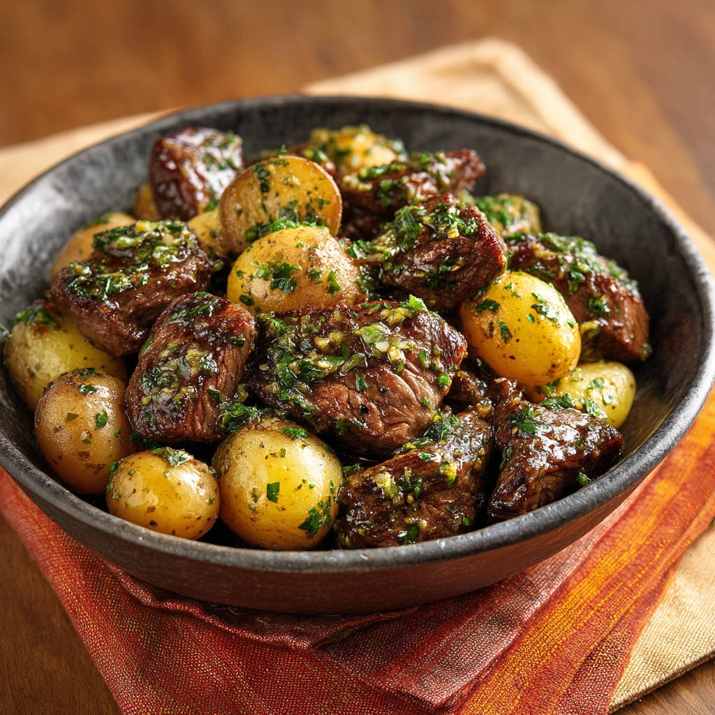 Gebratene Rinderwürfel mit Kartoffeln und Kräutern, detailreiche Nahaufnahme der fleischigen Würfel und goldbraunen Kartoffeln.