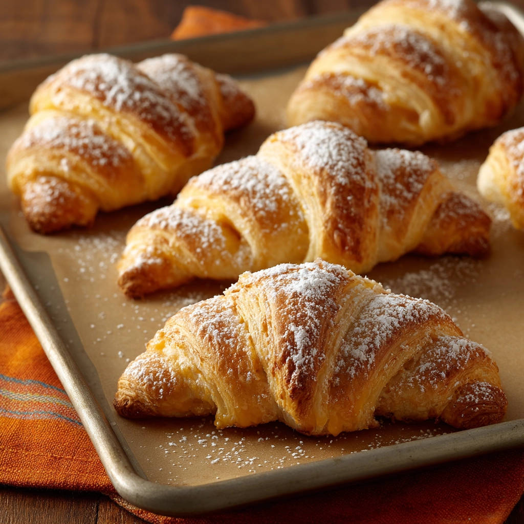 Gefüllte Buttercroissants, frisch gebacken und mit Puderzucker bestäubt, auf einem Backblech angeordnet.