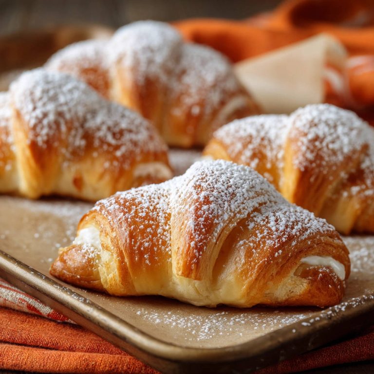 Gefüllte Buttercroissants mit Puderzucker bestäubt in einer Nahaufnahme auf einem Backblech.