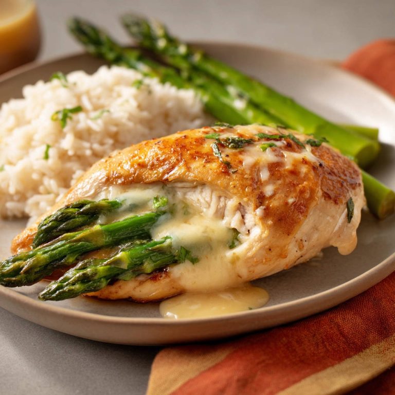 Gefüllte Hähnchenbrust mit Spargel im Anschnitt, saftig mit geschmolzenem Käse und dazu Reis und grüner Spargel.