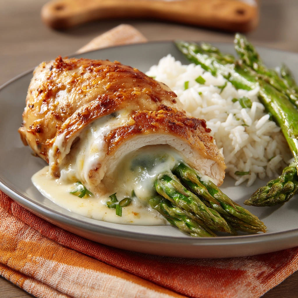 Gefüllte Hähnchenbrust mit Spargel im Querschnitt, gezeigt mit geschmolzenem Käse und einer Beilage Reis.