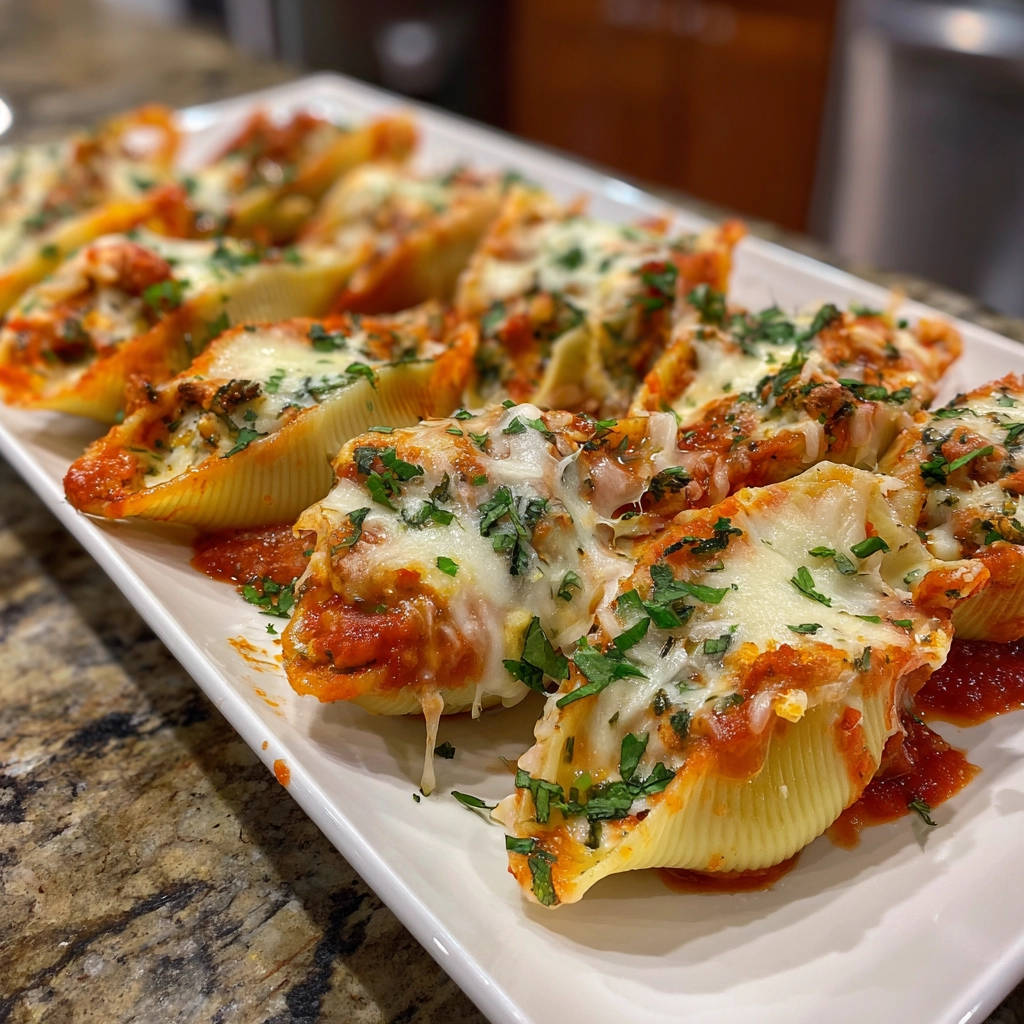 Gefüllte Muschel-Pasta al Forno, eine Nahaufnahme des saftigen Gerichts mit geschmolzenem Käse und frischen Kräutern.