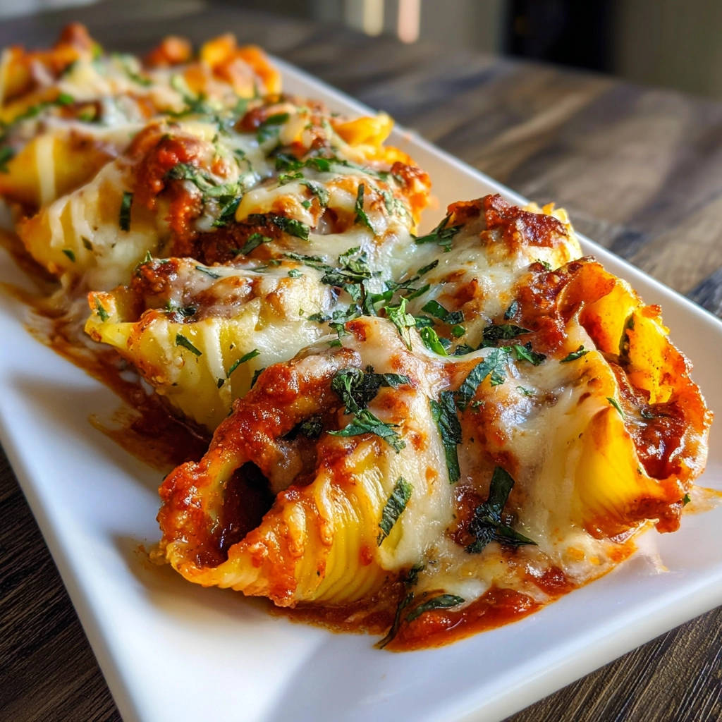 Gefüllte Muschel-Pasta al Forno nah aufgenommen mit geschmolzenem Käse und frischer Petersilie garniert