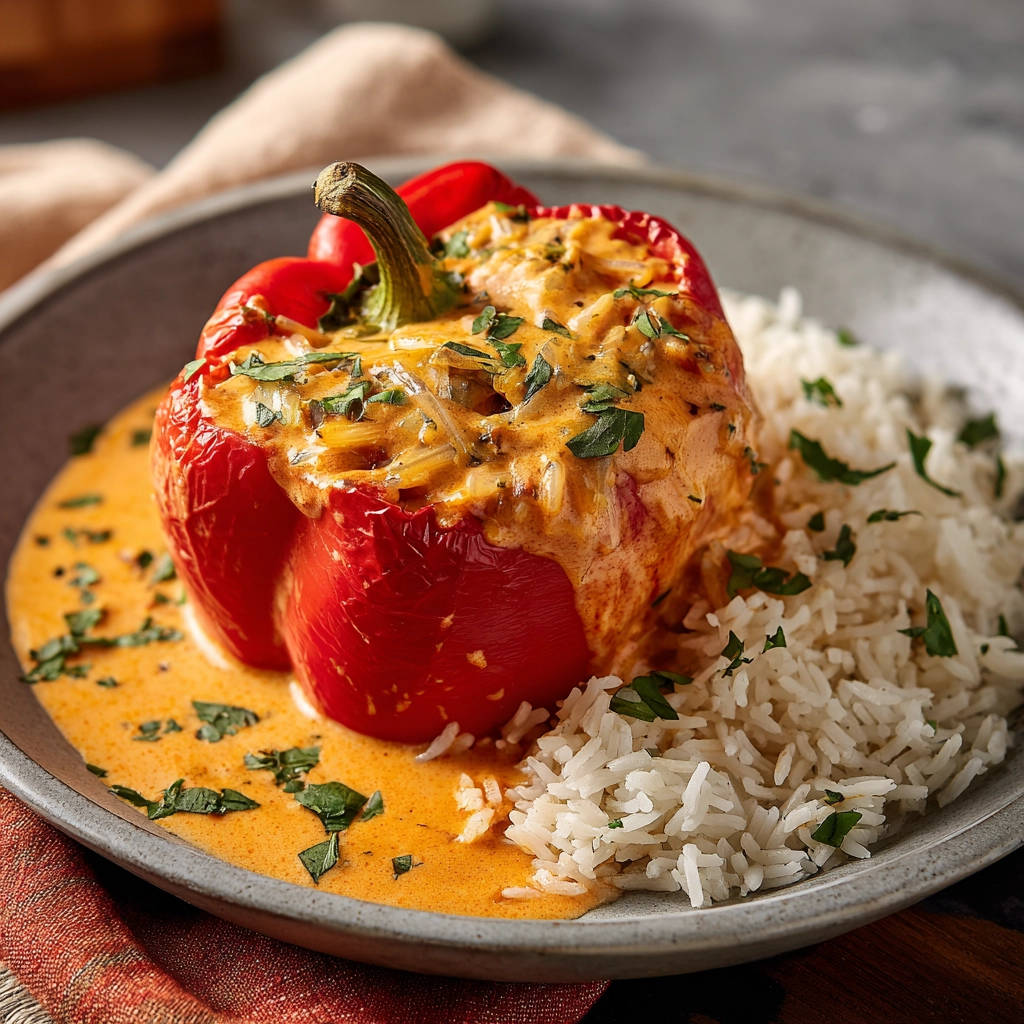 Gefüllte Paprika mit Reis und cremiger Sauce, serviert auf einem Teller mit viel Sauce und Reis garniert mit Petersilie.
