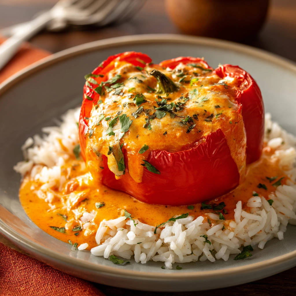 Gefüllte Paprika mit Reis und cremiger Sauce, eine einzelne Portion auf einem Teller nah aufgenommen