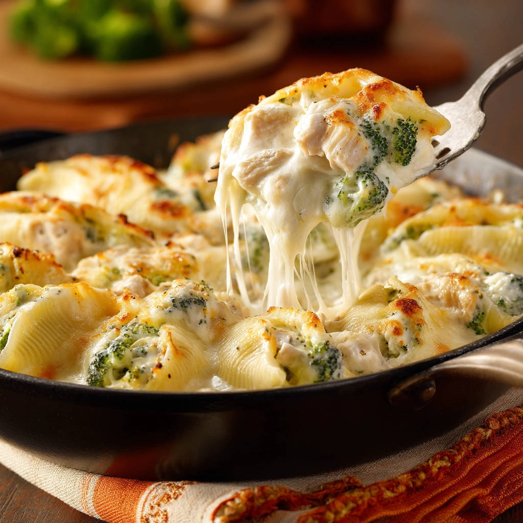 Gefüllte Pasta Muscheln mit Hähnchen und Brokkoli, auf einer Gabel mit langem, geschmolzenem Käse.