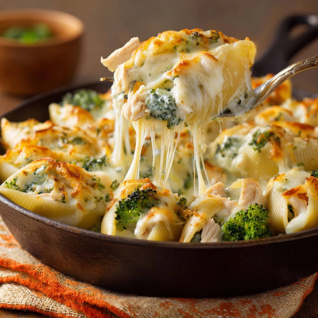 Gefüllte Pasta Muscheln mit Hähnchen und Brokkoli, wie sie mit schmelzendem Käse von einer Gabel gezogen werden.