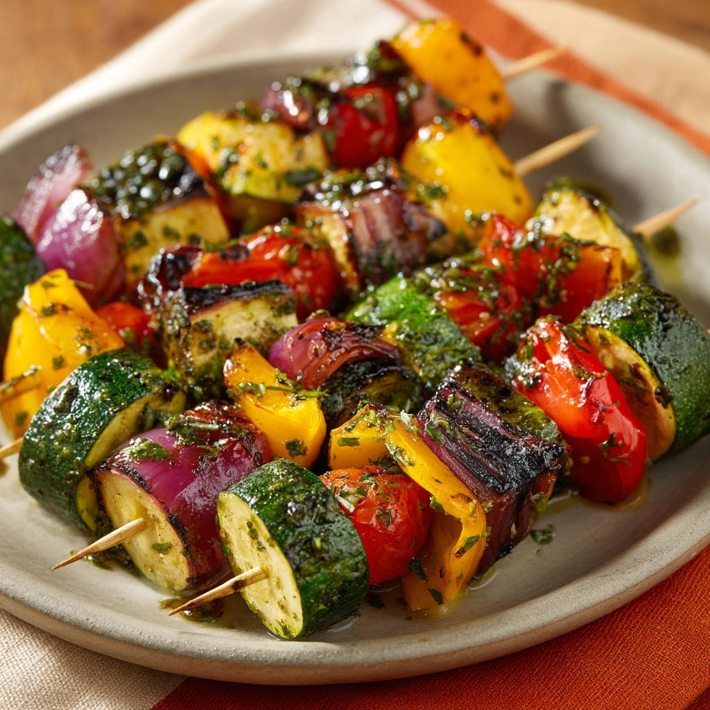 Gegrillte Gemüsespieße mit Zucchini, Paprika und roten Zwiebeln, detailreich von der Seite fotografiert.