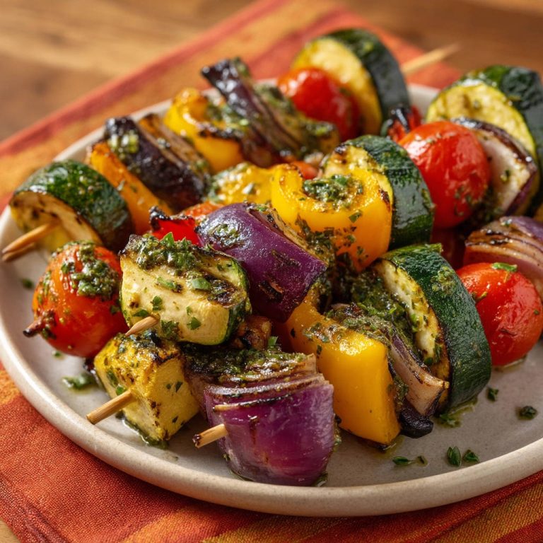 Gegrillte Gemüsespieße mit Zucchini, Paprika und Zwiebeln, nahaufnahme mit Kräutersauce übergossen