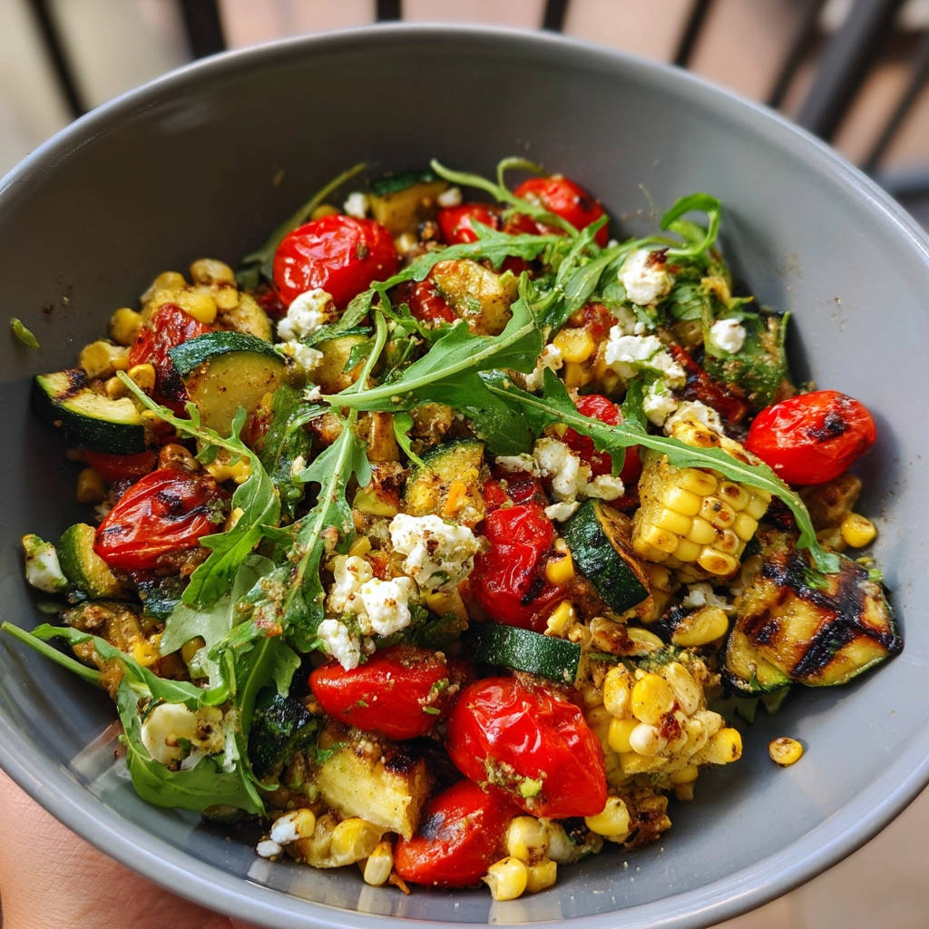 Gegrillter Halloumi-Gemüse-Salat mit Ziegenkäse und Rucola, eine Nahaufnahme zeigt die Textur der gegrillten Zutaten.