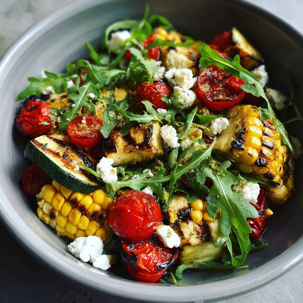 Gegrillter Halloumi-Gemüse-Salat mit geröstetem Mais, Tomaten und Rucola, angerichtet in einer grauen Schüssel mit zerbröckeltem Käse und Pesto-Dressing.