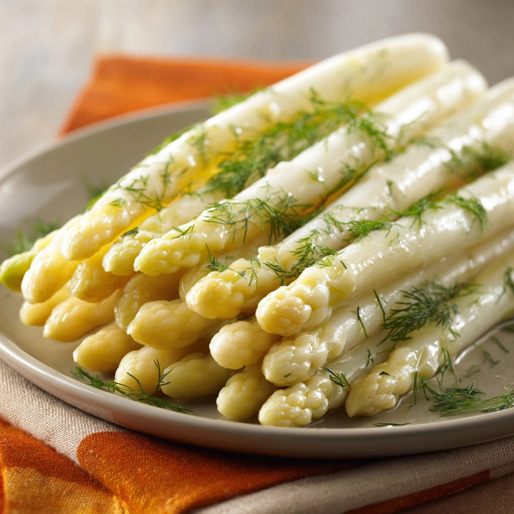 Gekochter weißer Spargel mit Dill garniert, serviert auf einem Teller mit einem orangefarbenen Tuch im Hintergrund.