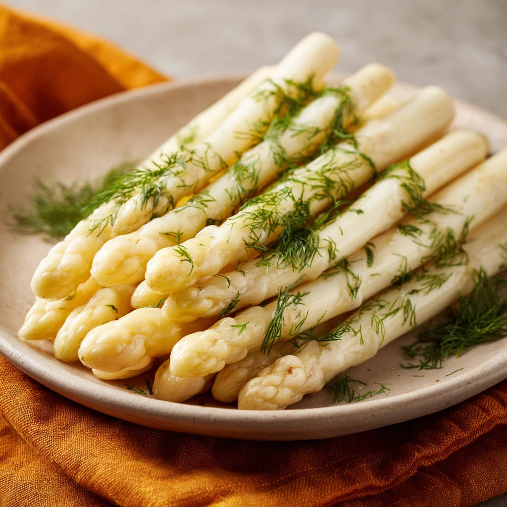 Gekochter weißer Spargel, appetitlich auf einem Teller mit frischem Dill garniert, zeigt die zarte Textur.
