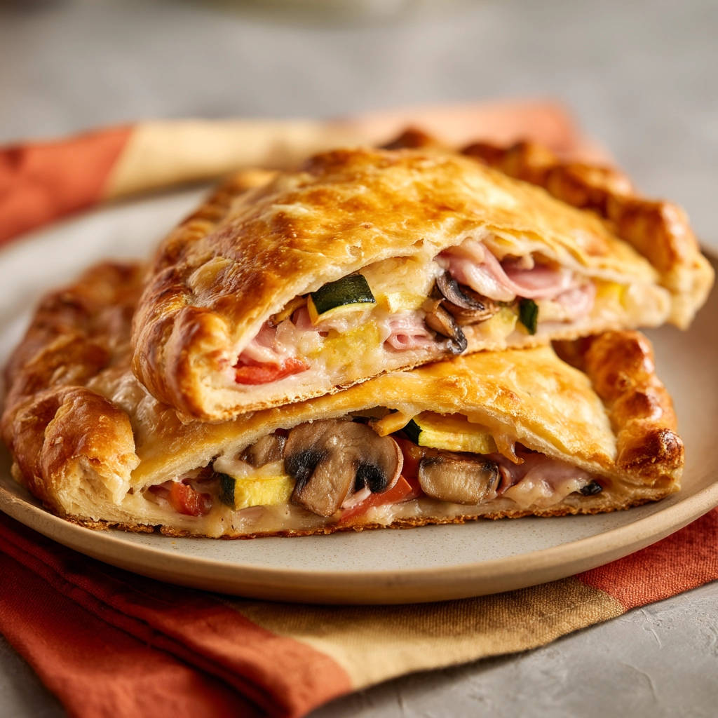 Gemüse-Calzone angeschnitten, die innen eine Füllung aus Gemüse, Schinken und Käse zeigt.