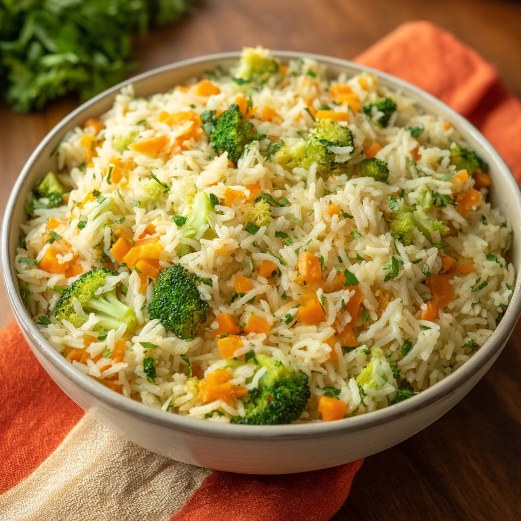 Gemüse-Reis Rezept nahaufnahme mit Brokkoli und Karotten in einer Schüssel auf einem gemusterten Tuch.