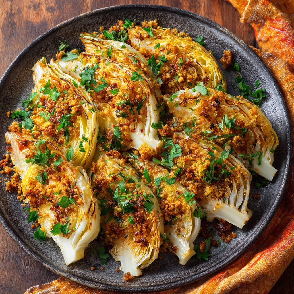 Gerösteter Spitzkohl mit Knusperstreuseln, von oben mit frischer Petersilie und goldbraunen Streuseln garniert.
