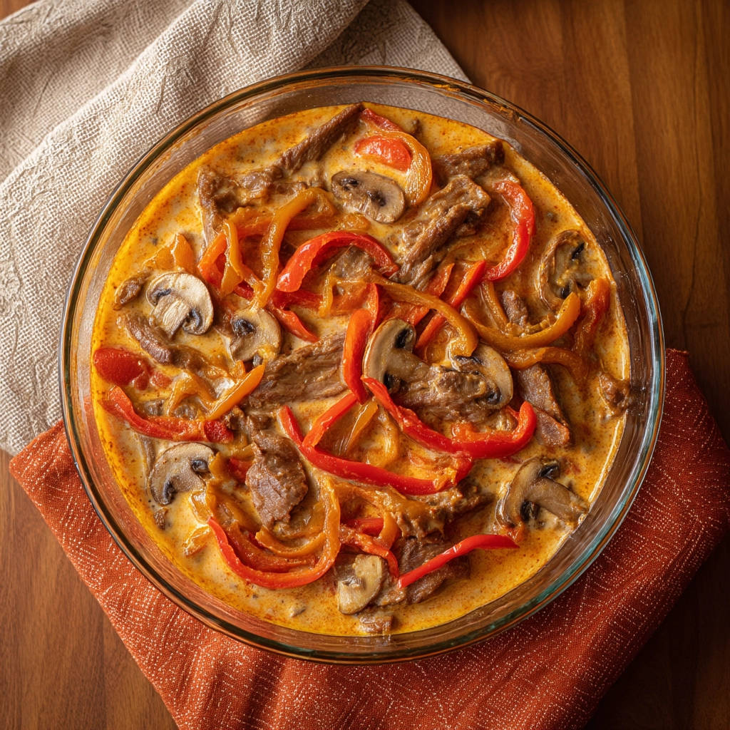Geschnetzeltes in Rahmsoße als Draufsicht in einer Glasschüssel mit Paprika und Champignons