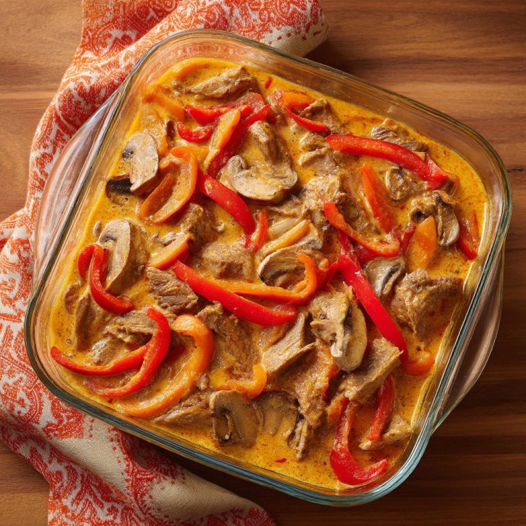 Geschnetzeltes in Rahmsoße in einer Auflaufform von oben mit Paprika und Pilzen serviert