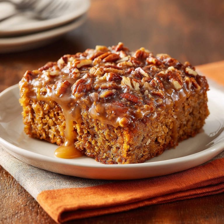 Saftiger Gewürzkuchen mit Karamellglasur & Pekannüssen, Nahaufnahme der glänzenden Karamellglasur und Pekannüsse.
