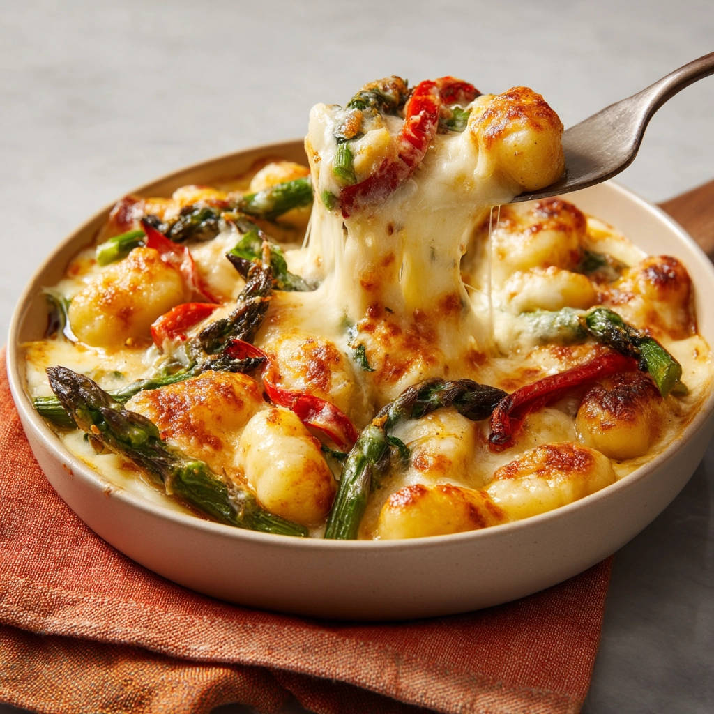 Gnocchi-Auflauf mit Spargel und getrockneten Tomaten, nahaufnahme mit geschmolzenem Käse auf einer Gabel