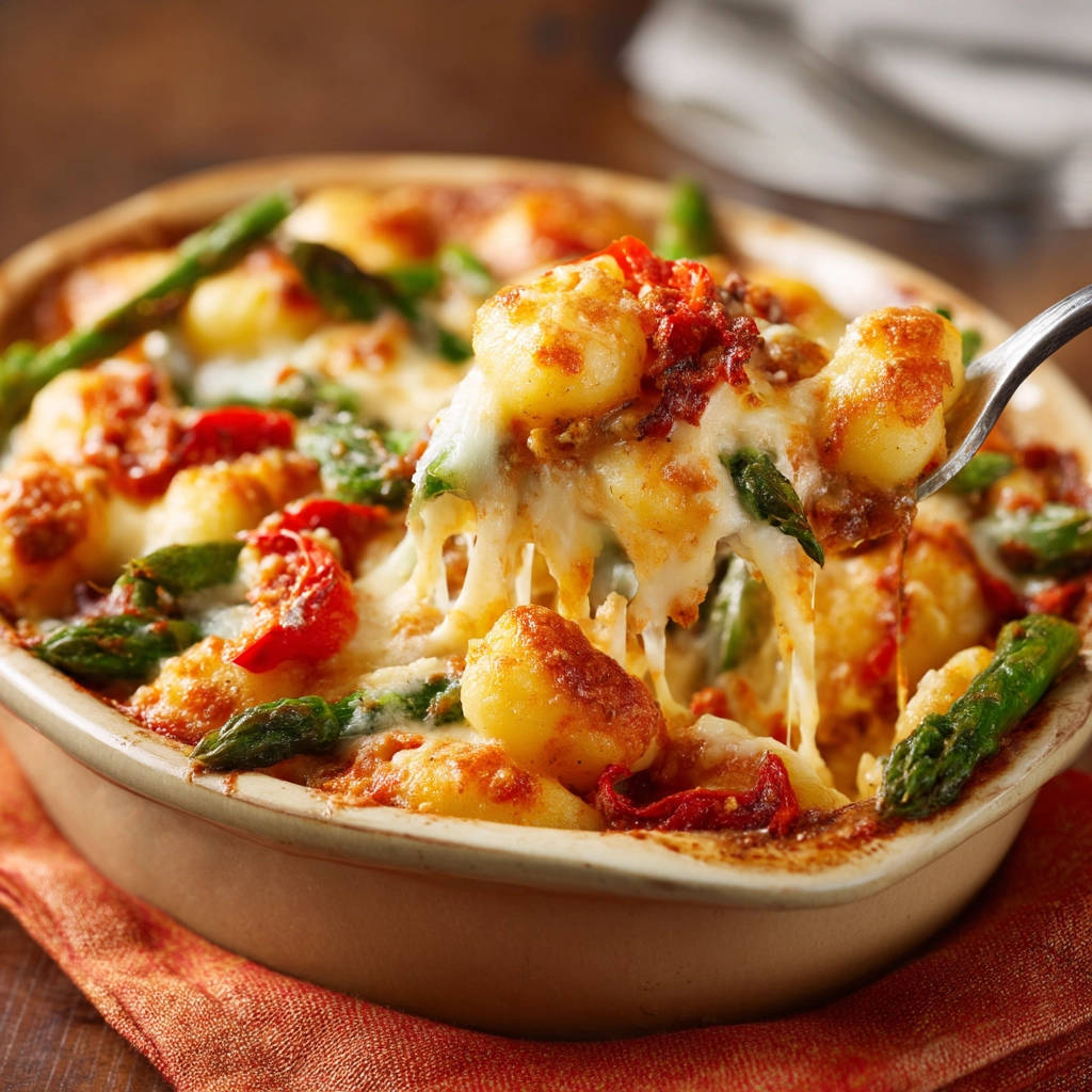Gnocchi-Auflauf mit Spargel und getrockneten Tomaten als Nahaufnahme mit geschmolzenem Käse, der von einer Gabel gezogen wird.