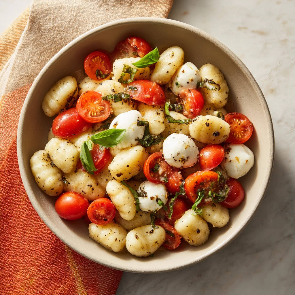 Gnocchi Caprese Pfanne, eine Nahaufnahme der Gnocchi mit Tomaten und Mozzarella in einer Schüssel von oben.