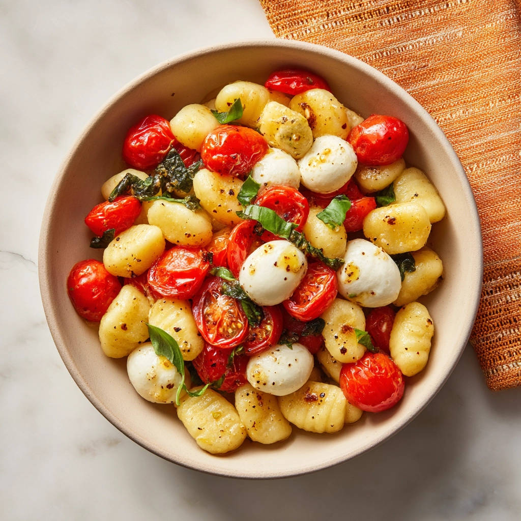 Gnocchi Caprese Pfanne als Draufsicht in einer Schüssel mit Tomaten, Mozzarella und Basilikum garniert.
