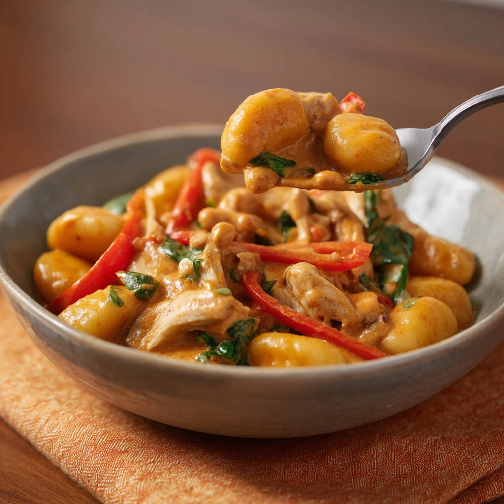 Gnocchi mit Hähnchen und Paprika in Rahmsauce, eine Gabel mit dem Gericht aufgenommen, zeigt die cremige Sauce und zarte Zutaten.