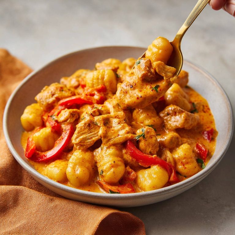 Gnocchi mit Hähnchen und Paprika in Rahmsauce, eine goldene Löffelaufnahme zeigt das cremige Gericht und die Gnocchi.