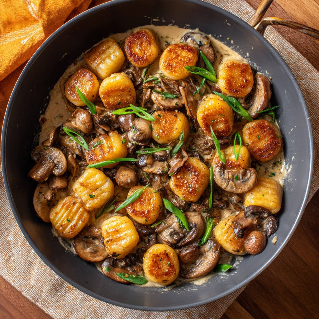 Gnocchi mit Pilzrahmsauce, von oben in einer Pfanne mit Pilzen und Frühlingszwiebeln garniert.