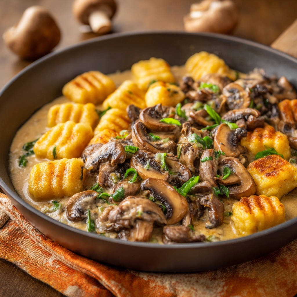 Gnocchi mit Pilzrahmsauce in einer Pfanne serviert, mit goldbraunen Gnocchi und cremiger Pilzsauce.