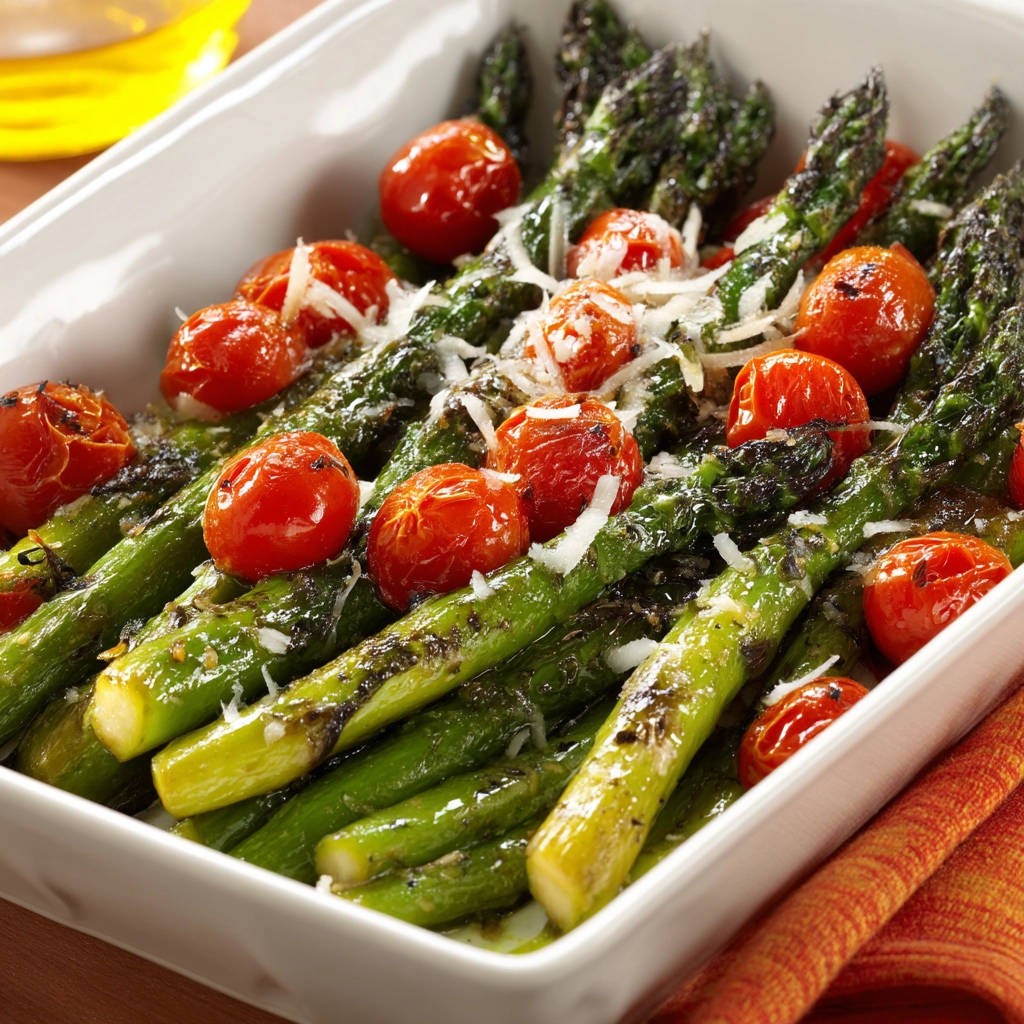 Grüner Ofenspargel mit Tomaten und Parmesan, nahaufnahme der gerösteten Spargelspitzen und Kirschtomaten mit geschmolzenem Käse.