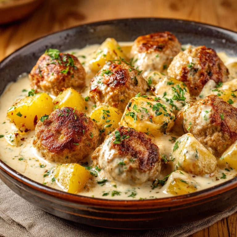 Hackbällchen in Rahmsoße mit Kartoffeln, eine Nahaufnahme der fleischigen Klößchen und goldbraunen Kartoffeln in cremiger Sauce, garniert mit Petersilie.