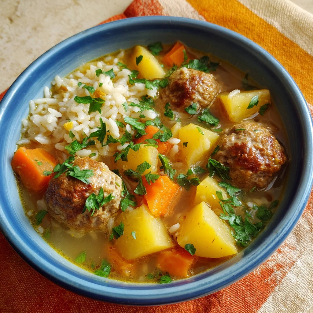 Hackbällchen-Suppe mit Gemüse und Reis in einer blauen Schüssel, Nahaufnahme der einzelnen Komponenten und frischer Petersilie.