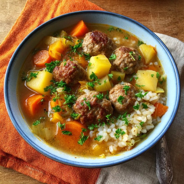 Hackbällchen-Suppe mit Gemüse und Reis, eine Nahaufnahme der herzhaften Suppe mit Hackbällchen, Karotten, Kartoffeln und Reis, garniert mit Petersilie.