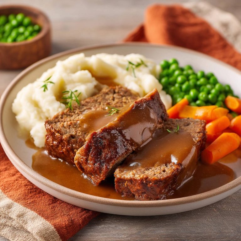 Hackbraten mit Kartoffelpüree, serviert mit Erbsen und Karotten, angeschnitten und mit Bratensauce übergossen