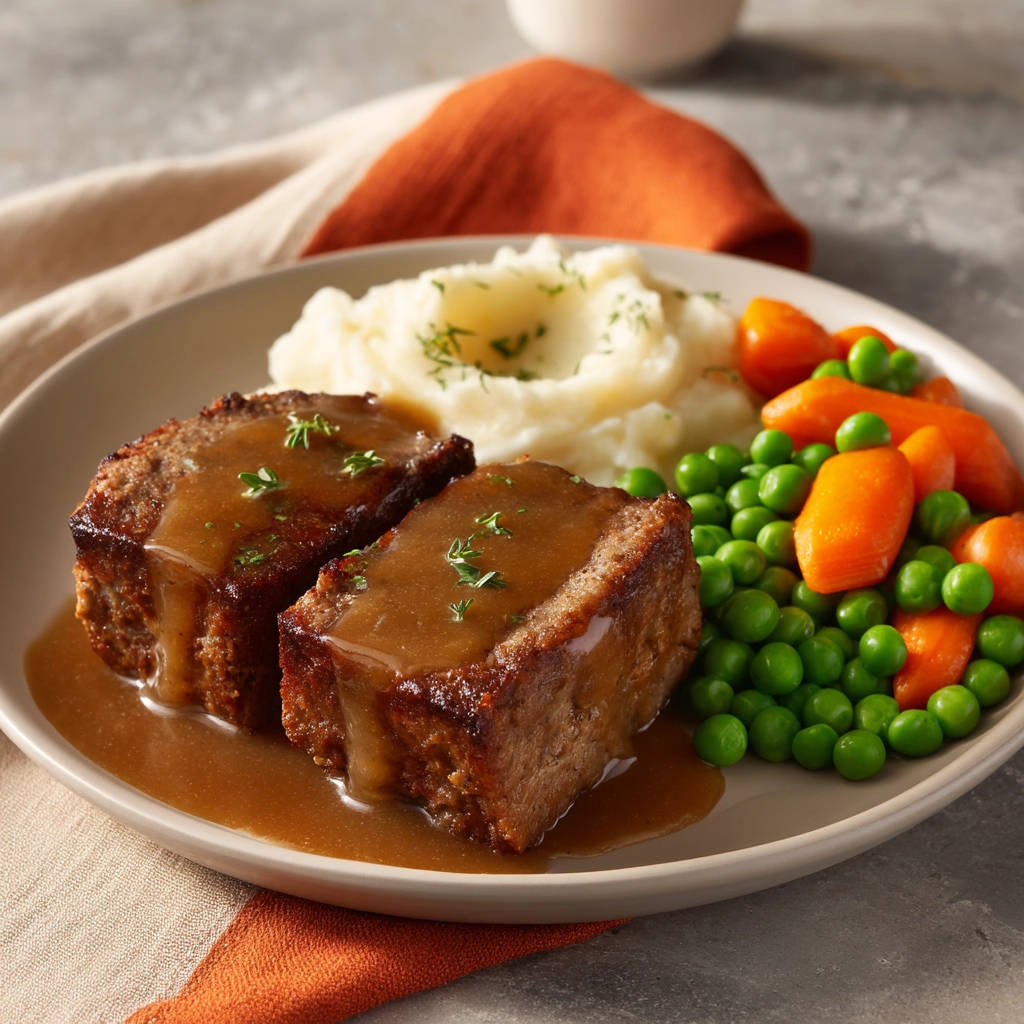 Hackbraten mit Kartoffelpüree, serviert auf einem Teller mit Erbsen und Karotten, mit reichlich Soße übergossen.