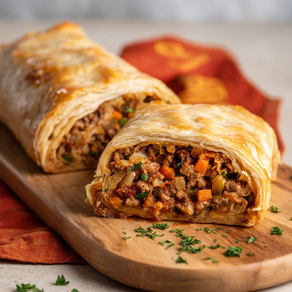 Hackfleisch-Gemüse-Strudel angeschnitten, zeigt den saftigen Querschnitt mit Hackfleisch und Gemüsefüllung.