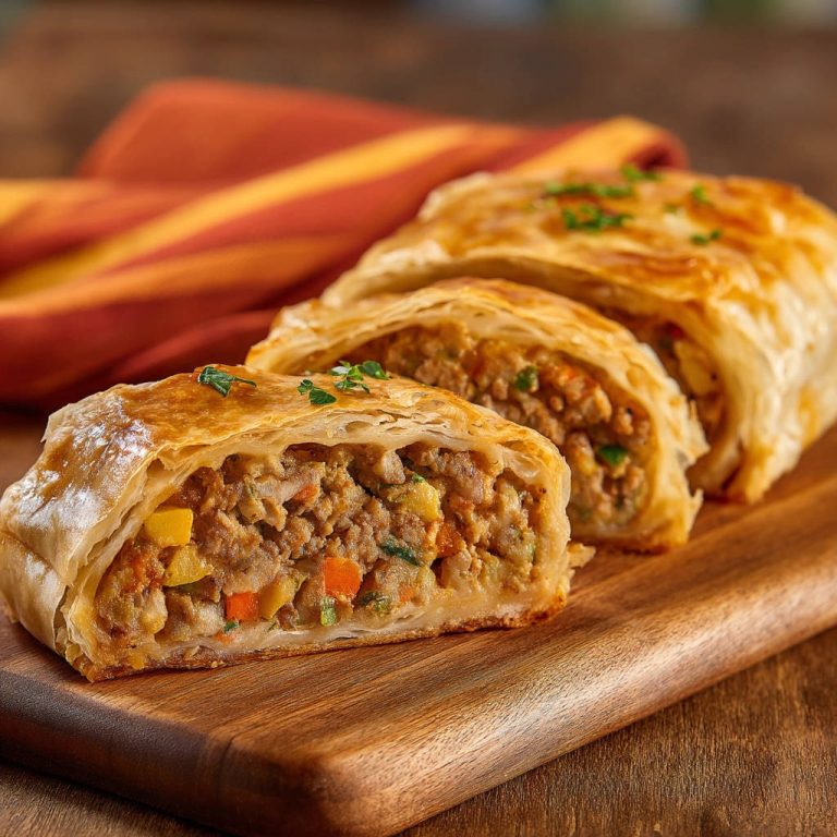 Hackfleisch-Gemüse-Strudel angeschnitten im Ganzen, mit sichtbarem Querschnitt und goldbrauner Teigkruste.