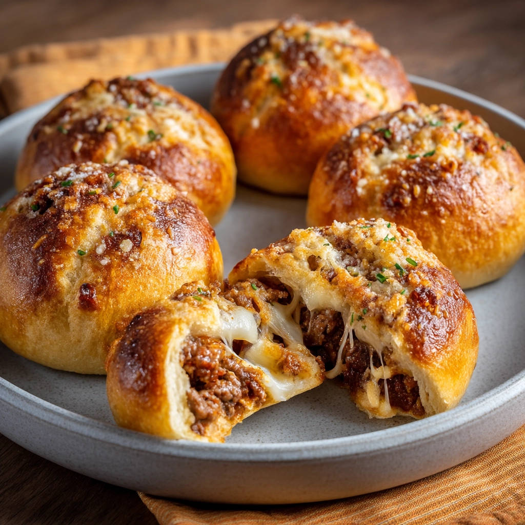 Hackfleisch-Käse-Bällchen angeschnitten, das Innere zeigt geschmolzenen Käse und herzhafte Fleischfüllung.