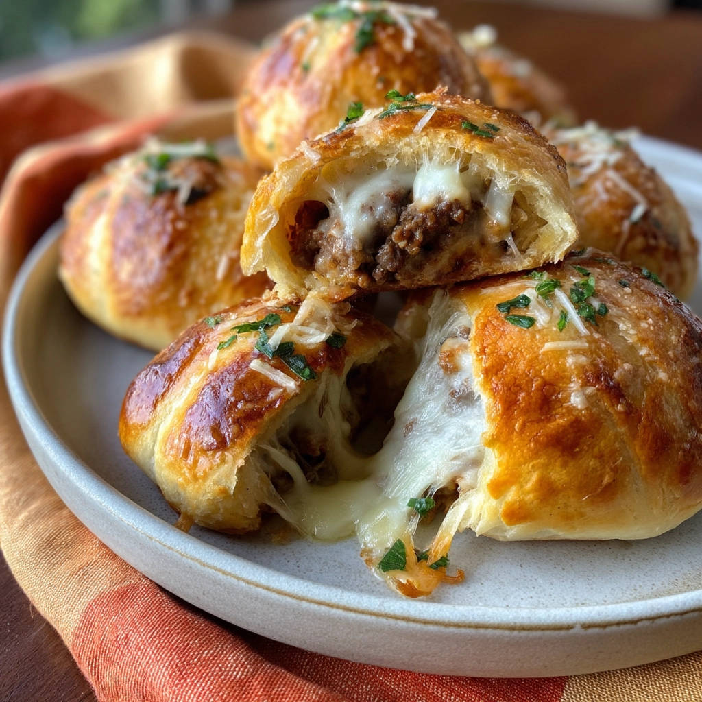 Hackfleisch-Käse-Bällchen angeschnitten, mit geschmolzenem Käse und Hackfleischfüllung, bestreut mit Petersilie.