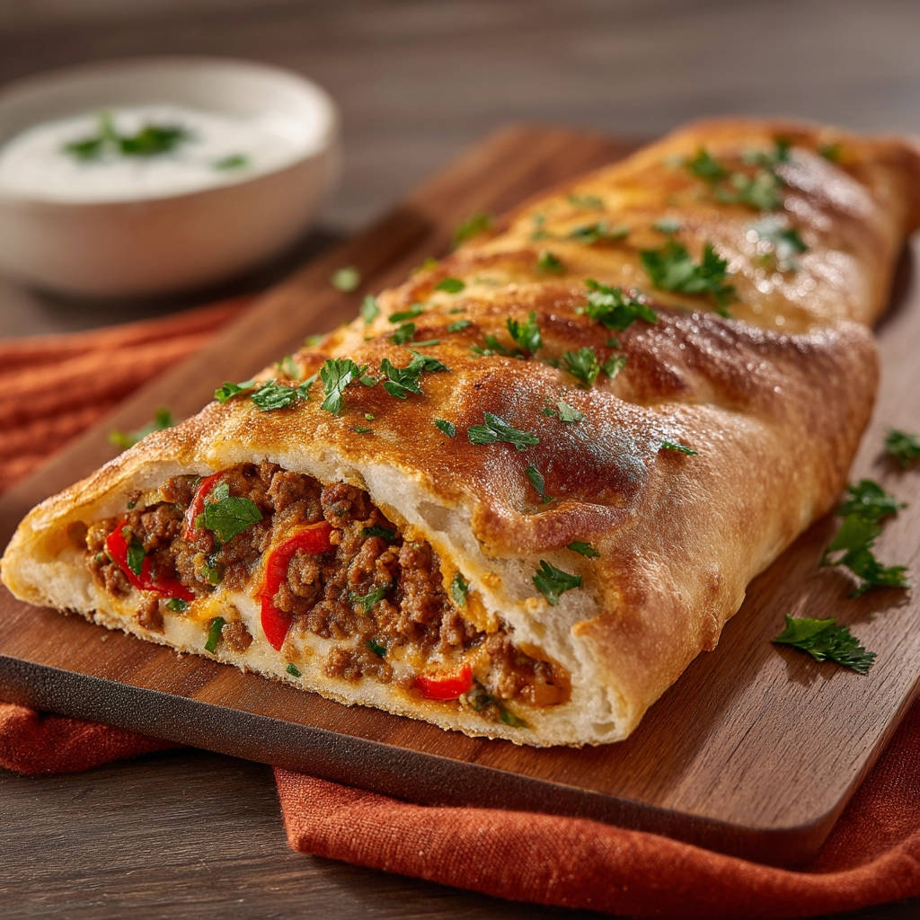 Hackfleischrolle im Teigmantel angeschnitten mit sichtbarer Füllung aus Hackfleisch und Paprika, garniert mit Petersilie