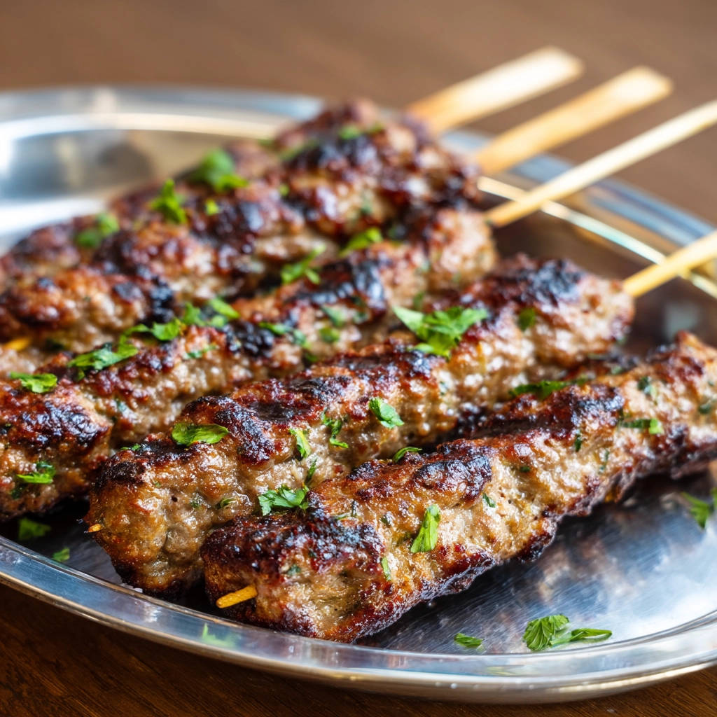 Saftige Hackspieße vom Grill, nah aufgenommen und mit frischer Petersilie garniert, zeigen die appetitliche Textur.