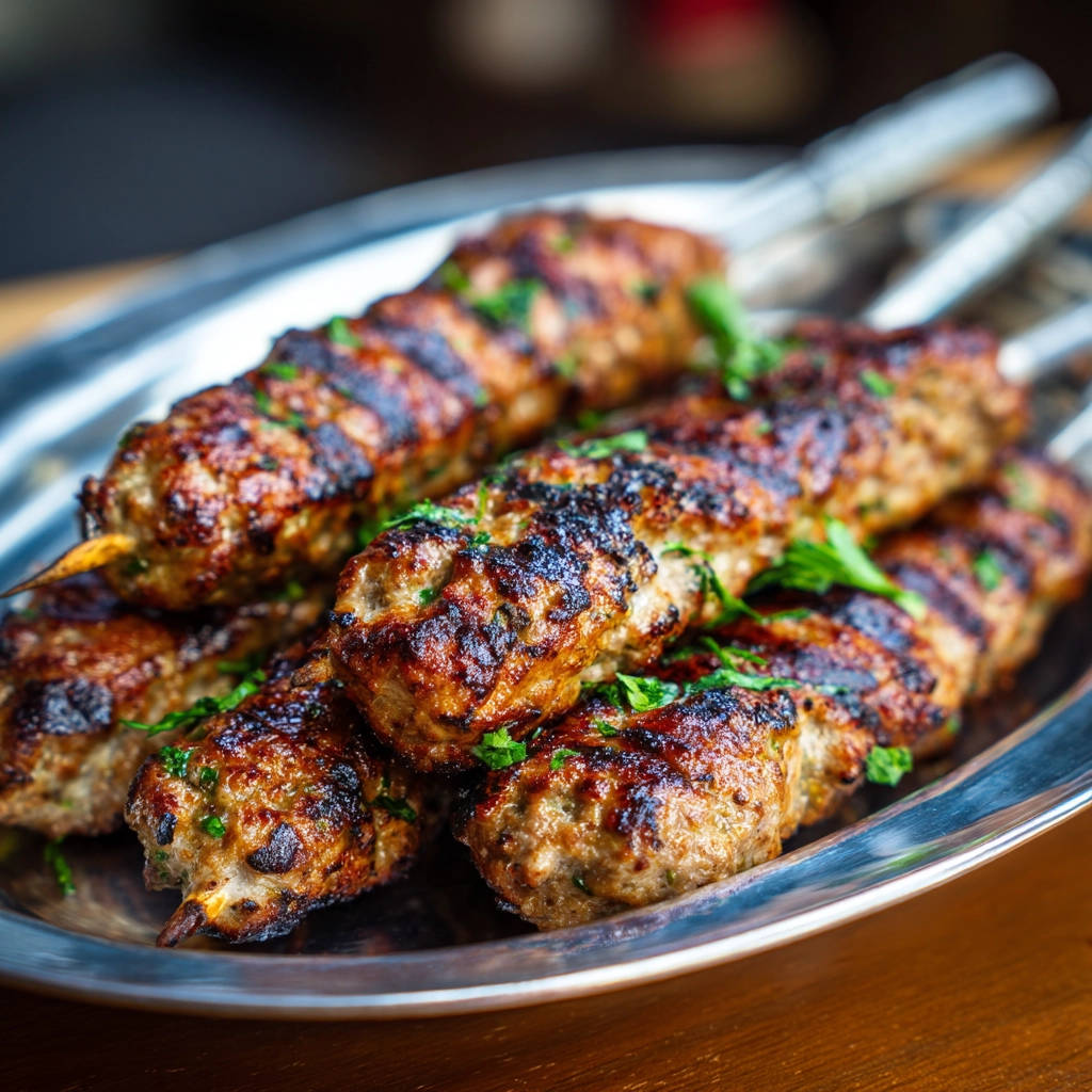 Saftige Hackspieße vom Grill als Nahaufnahme auf einem Servierteller mit gehackter Petersilie garniert.