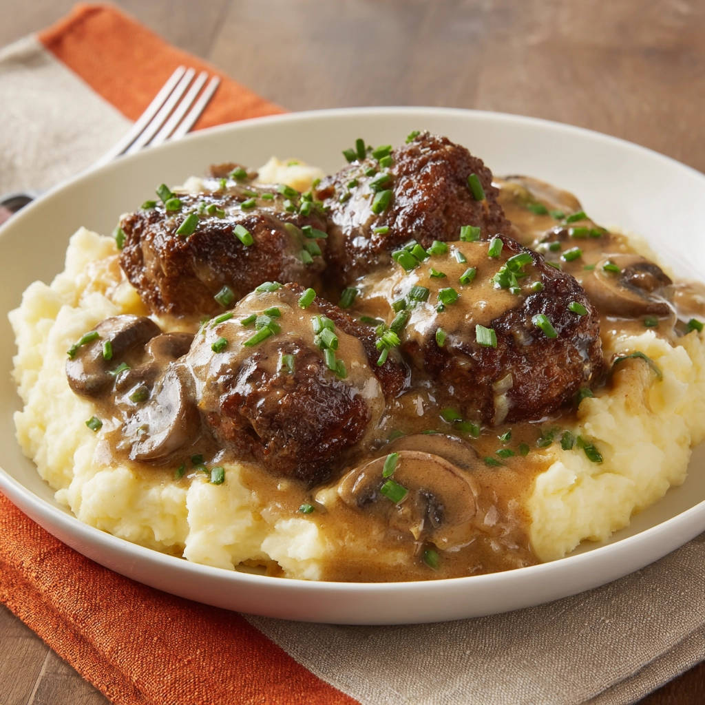 Hacksteaks mit Pilzrahmsoße auf Kartoffelpüree, garniert mit frischen Kräutern, serviert auf einem Teller.