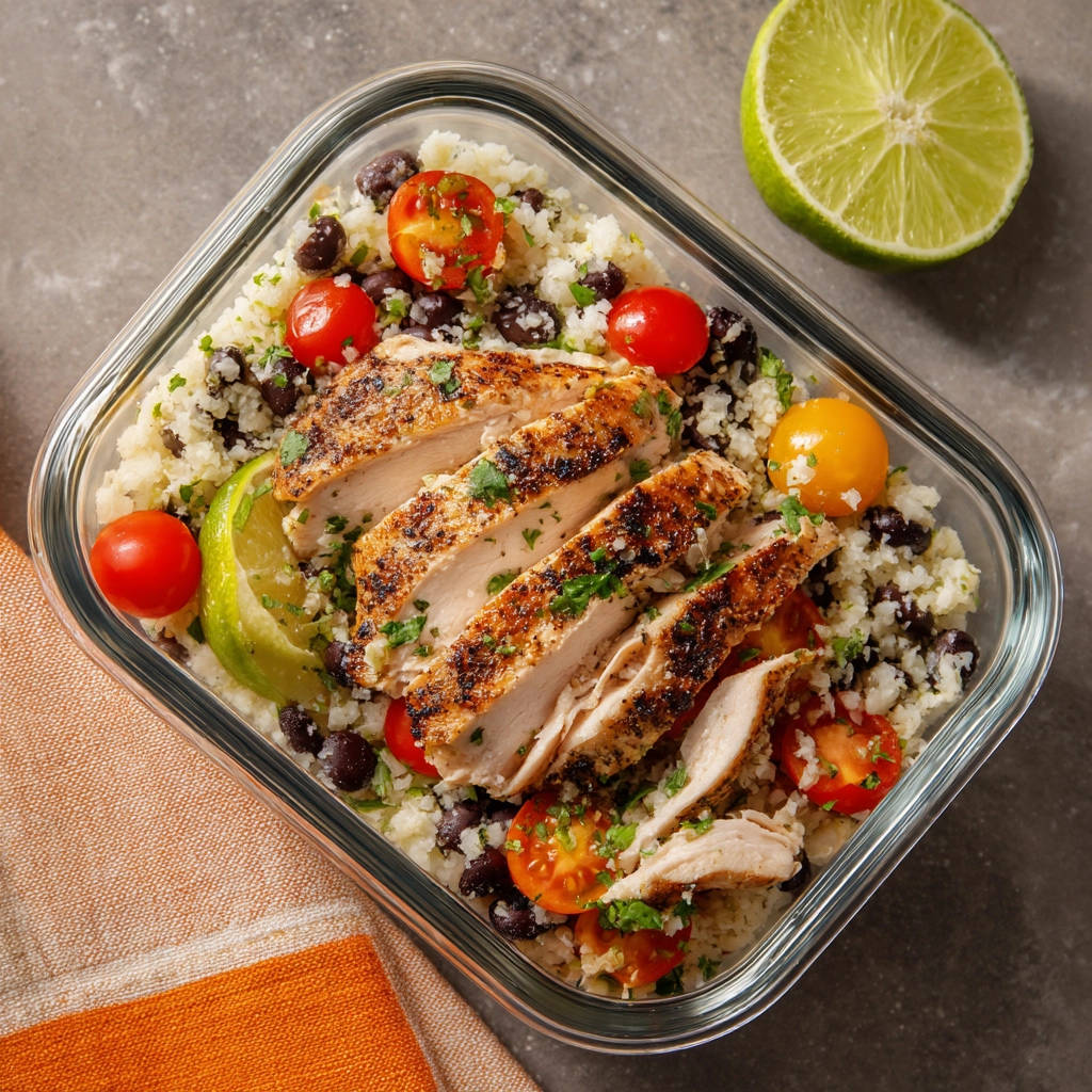 Saftige Hähnchen Bowl mit Blumenkohlreis, angeschnitten und in einer Glasbox serviert, mit Tomaten und Limette garniert.