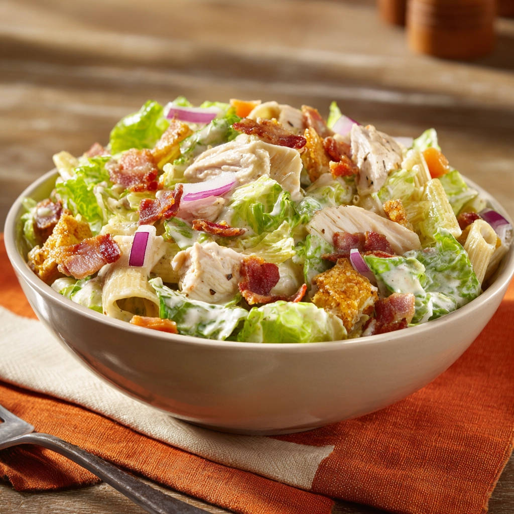 Hähnchen Caesar Salat mit Pasta, eine Nahaufnahme der Zutaten wie Romana-Salat, Hähnchenbruststreifen und knusprigem Speck.