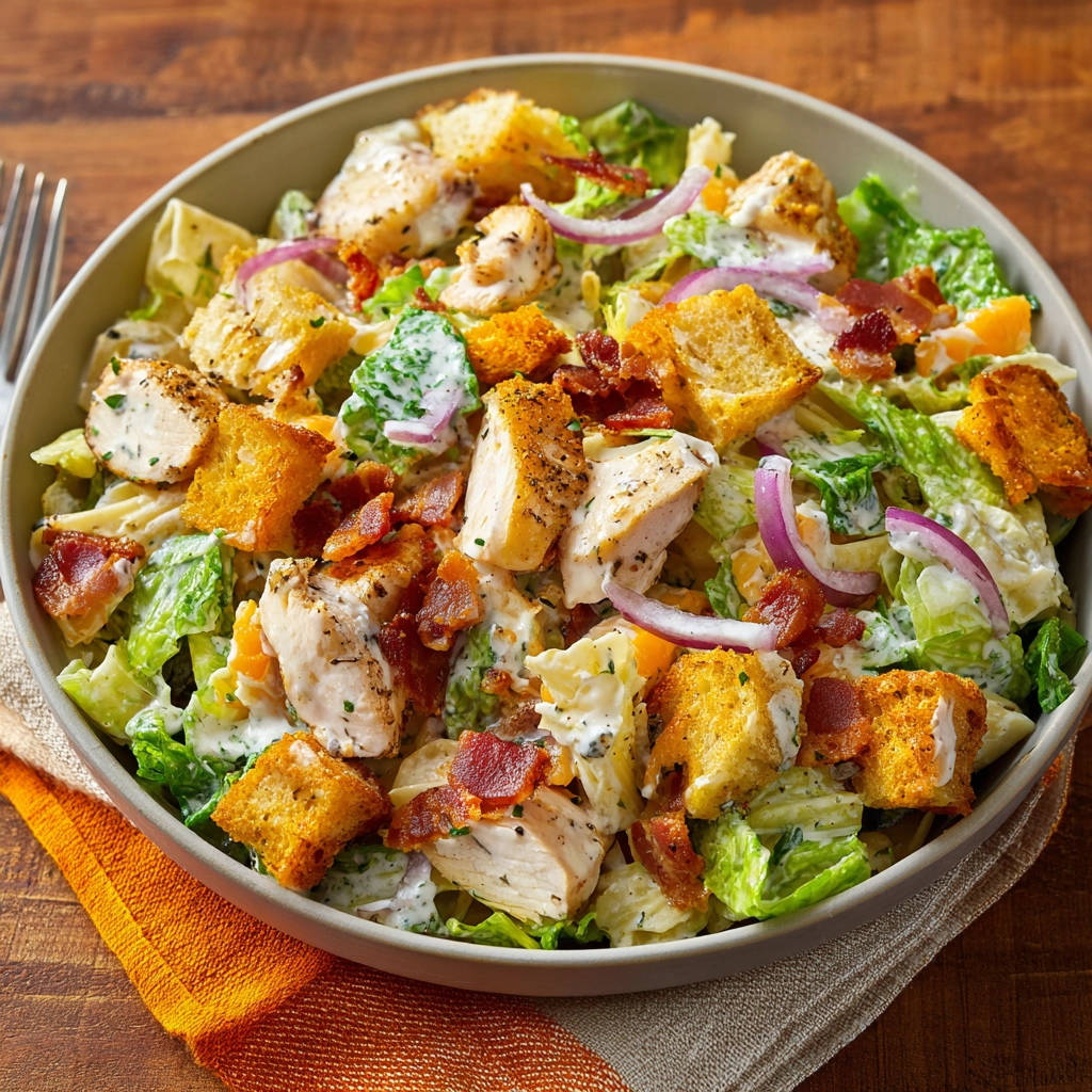 Hähnchen Caesar Salat mit Pasta, eine Nahaufnahme mit Hähnchenstücken, Croutons und Speck in einer Schüssel.